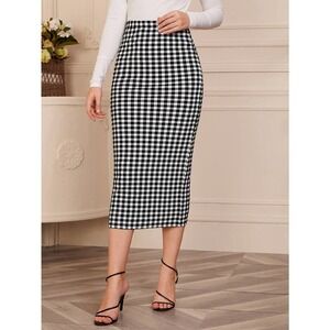 Gingham plaid Pencil midi Skirt black white